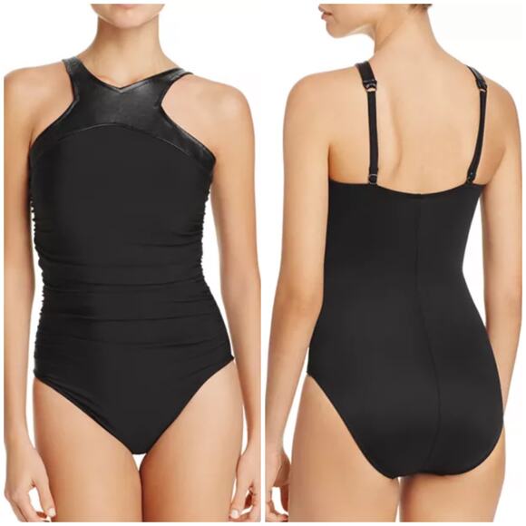 Magicsuit NWT Bonnie One Piece Swimsuit Black Faux Leather Neck Trim Size 14 - Picture 1 of 14